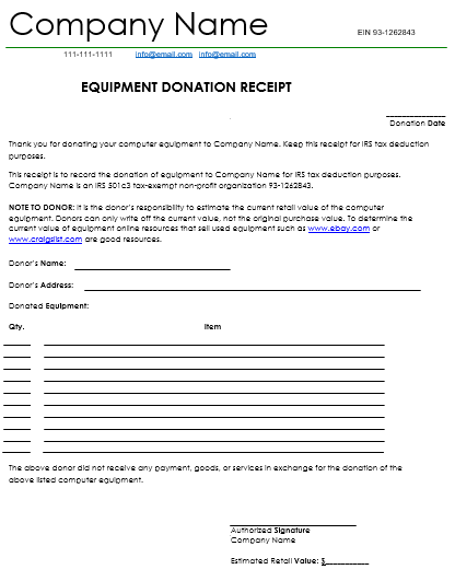 Equipment with organization name may make information charity need include